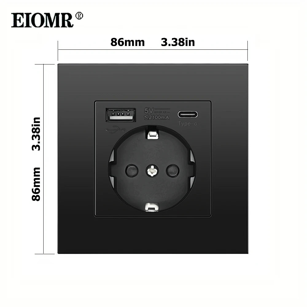 EIOMR EU Standard Electrical Socket,USB Type-C Mobile Phone Charging Outlet,16A 220V Household Appliances Electric Socket Switch