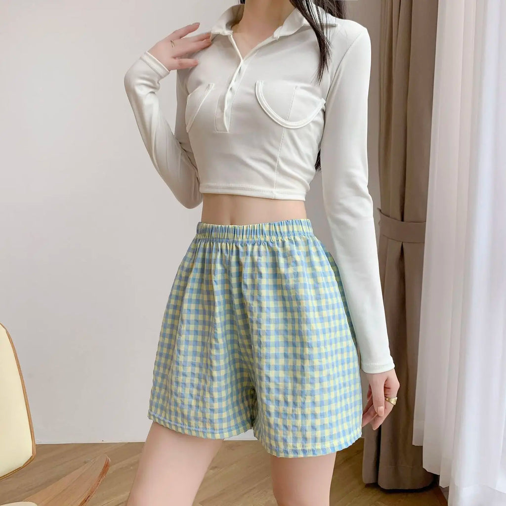 Summer Home Shorts Women's High Waisted Slimming Wide Leg Pants Sports Casual Pants Loose Plaid Pajama Pants