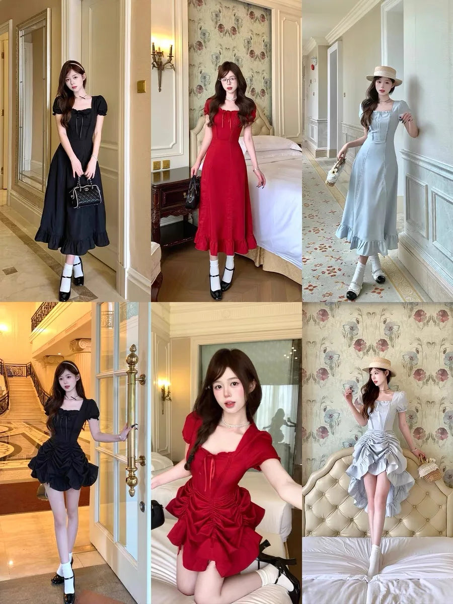 Sweet Pure Desire ort Skirt Summer Slimming Waistline Red Square Collar Long Dr Women's Faionable Versatile A-Line Dr