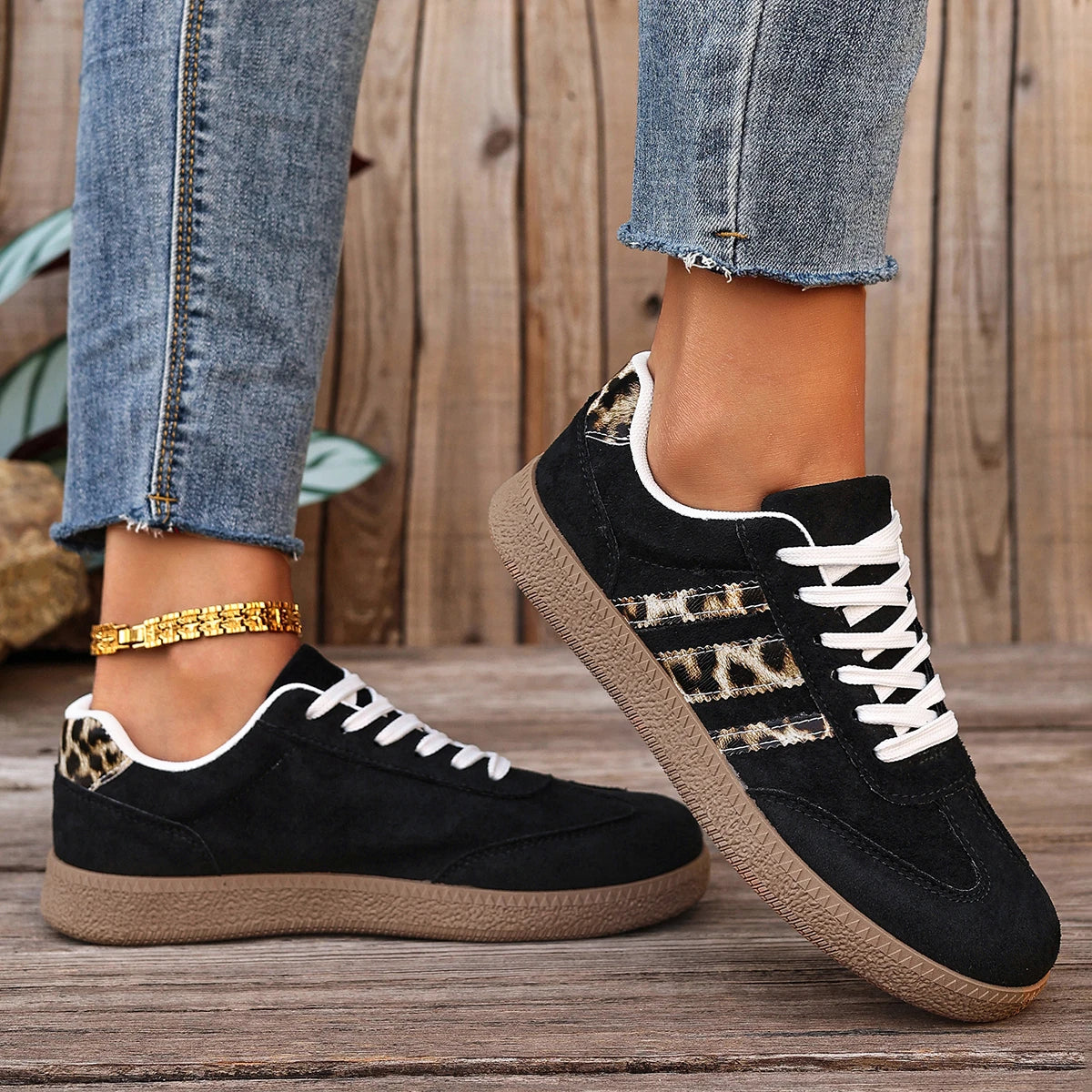 New Leopard Print Casual Sports Shoes for Autumn Winter, Large-sized Lace-up Anti-slip Round-toe Lace-up Women's Single Shoes 74