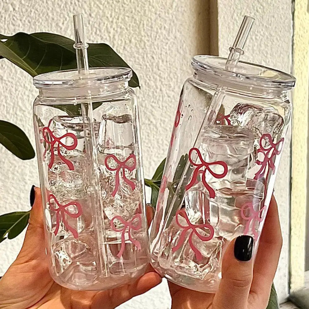 500ml Pink Bow Plastic Cups With Lids And Straws Reusable Bow Aesthetic Cup For Drinking Coffee Tea Cocktail For Party Support