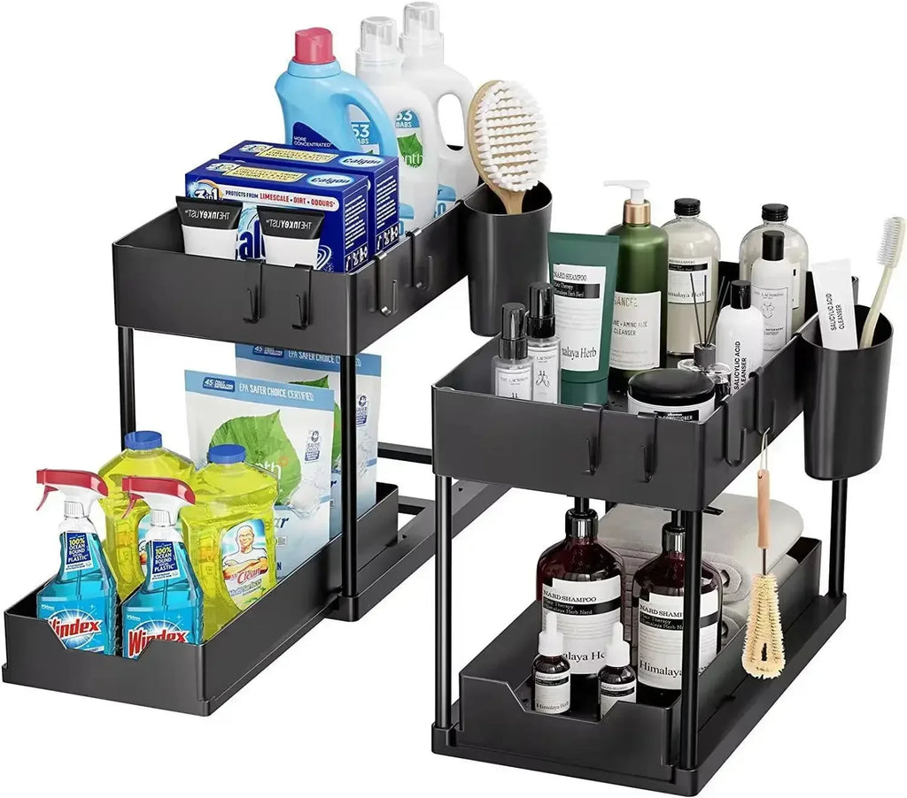 Kitchen Bathroom Under Sink Organizer 2-Tier Sliding Storage Basket Multipurpose Shelf with Hanging Cup and Hook Accessories