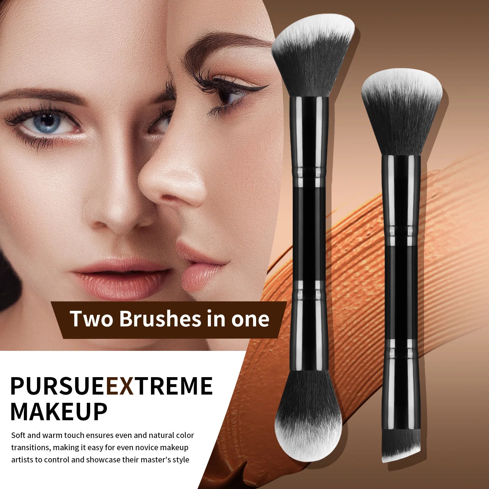 7 double-ended makeup brushes, loose powder brush, foundation brush, eyeshadow brush, eyebrow brush, soft hair beauty tool.