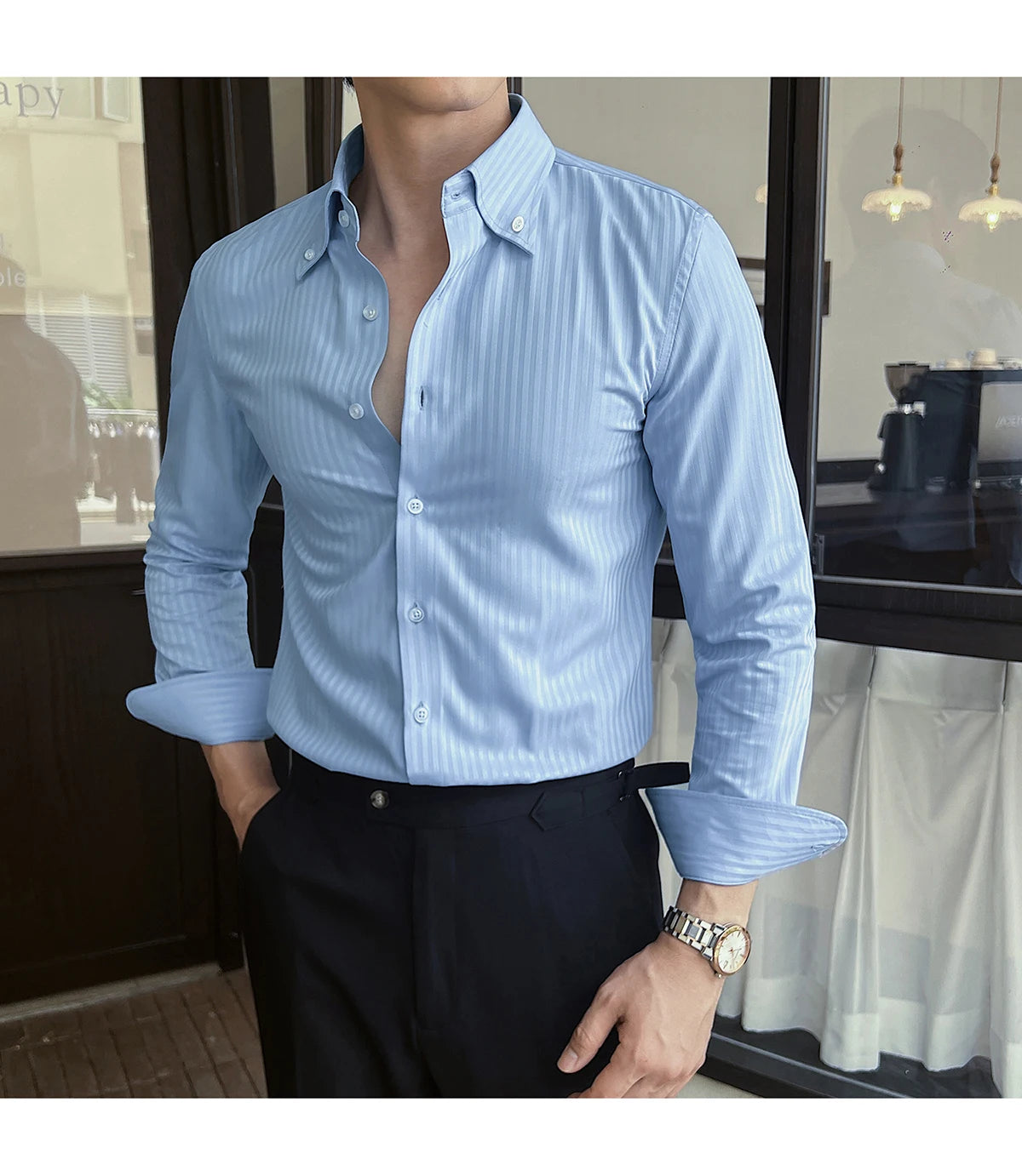 High-quality autumn men's new long-sleeve dark striped slim-fit shirt business casual formal workwear M-4XL