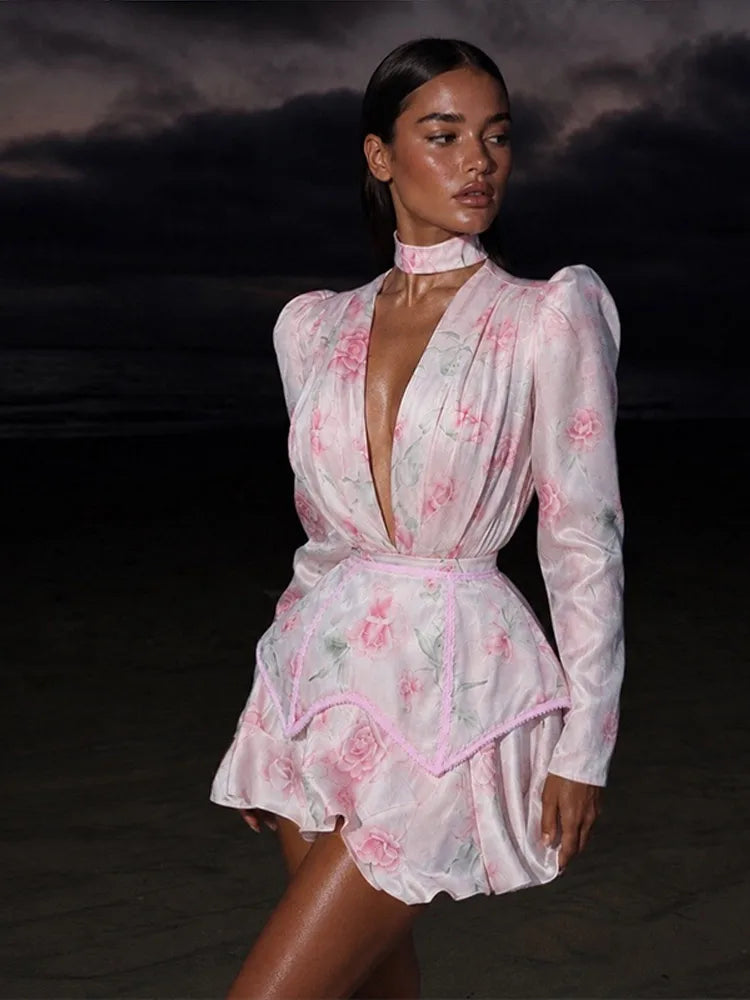 Women Rose Print Dress Puff Long Sleeve Mini Dress Sheer Mesh Ruffle Hem Button Front Fairy Party Short Dresses Summer Wear