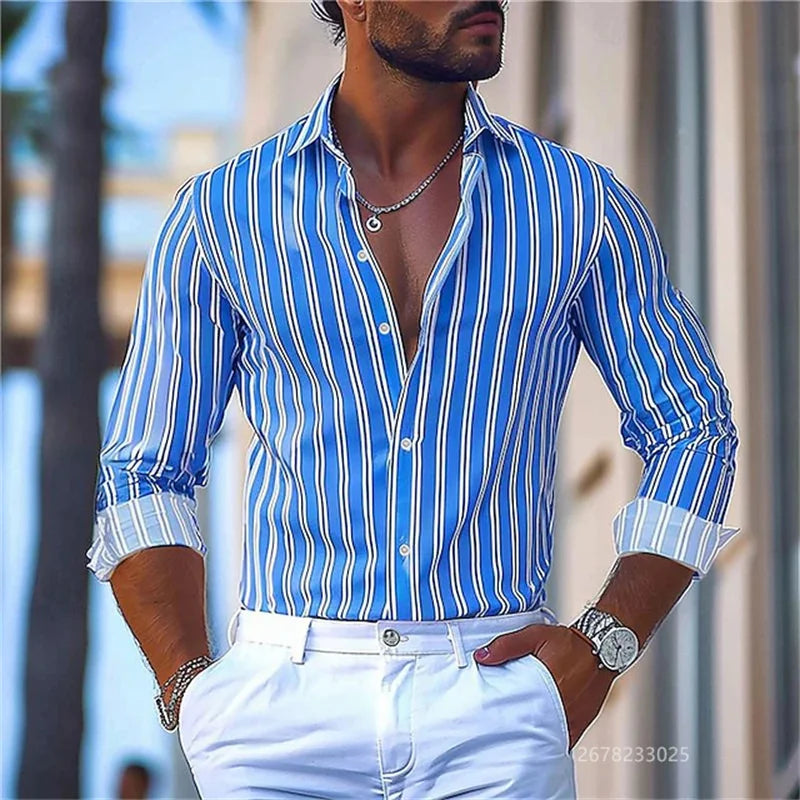 15 colors men's striped long-sleeved shirts, business office men's tops, spring and autumn lapel shirts, high-quality shirts