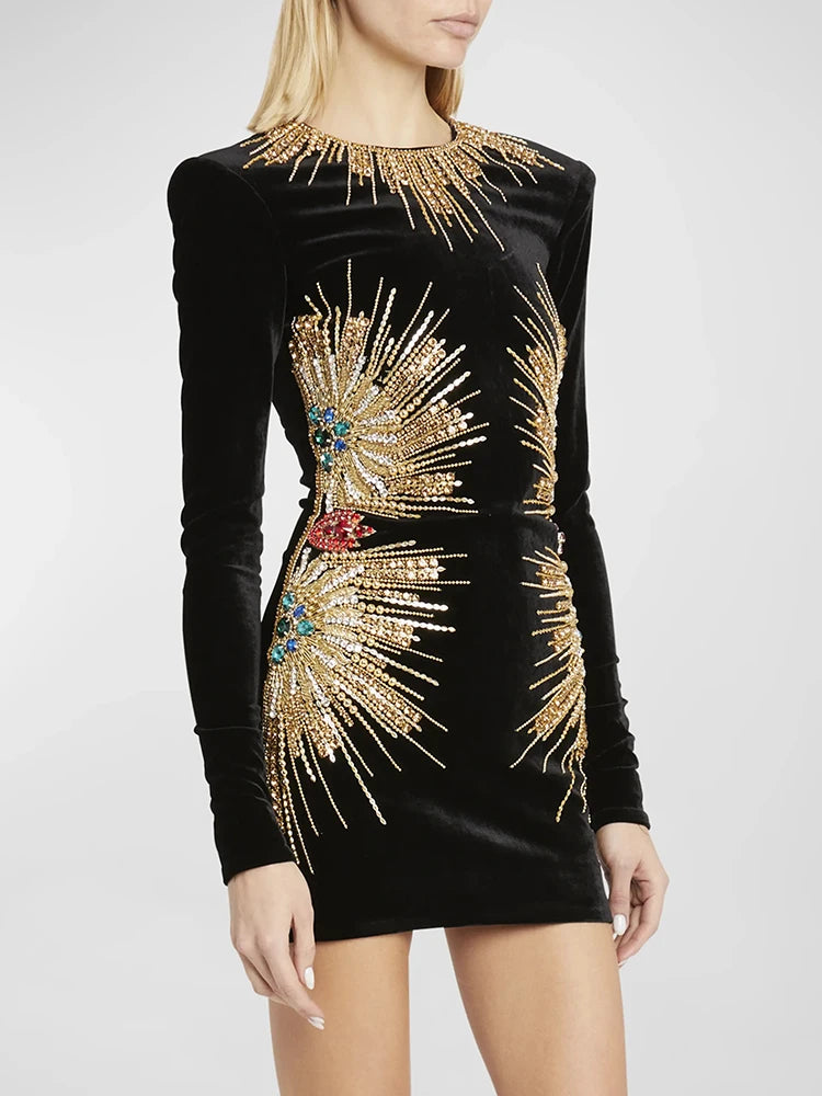 HIGH STREET Newest 2026 Designer Fashion Women's Long Sleeve Stunning Sequined Rhinestone Diamonds Beaded Velvet Dress