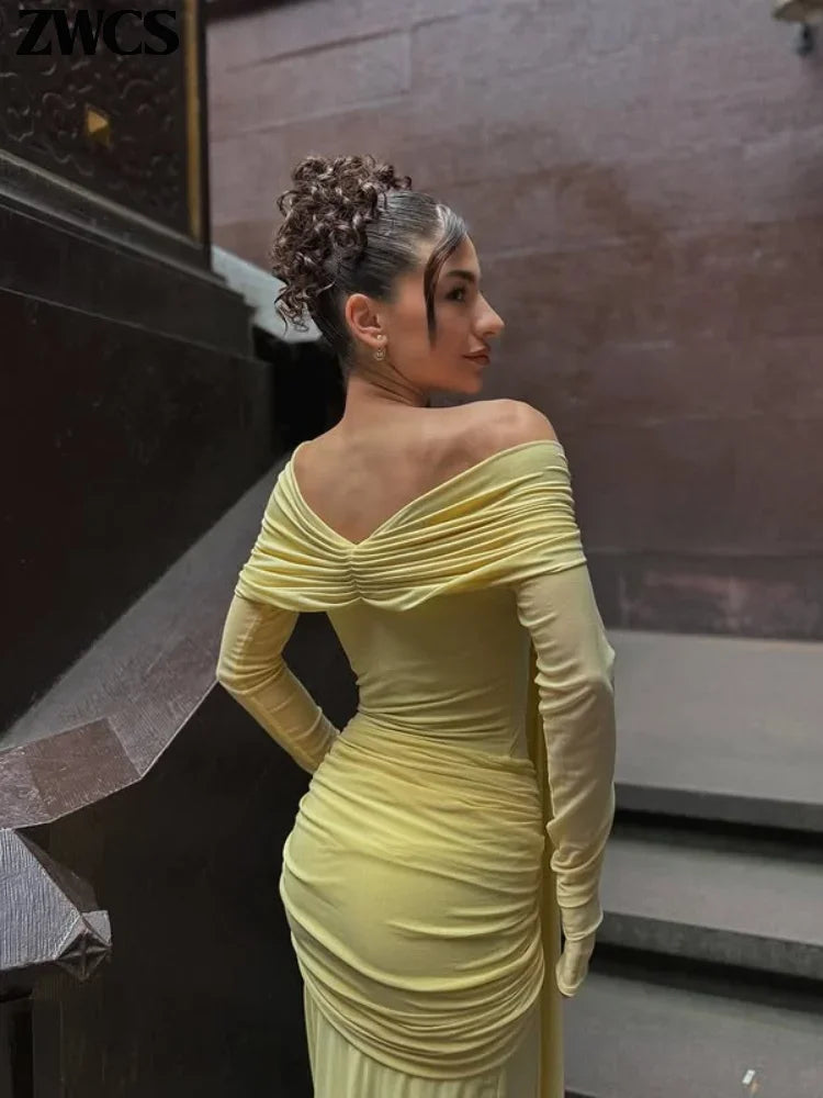 Yellow Pleated Off-shoulder Ribbon Dress Women's Sexy Lace Up Full Sleeve Bodycon Dresses 2025 Autumn New Elegant Party Vestidos