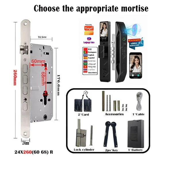 Tuya Wifi App Face Polyglot Electronic Door Lock Fingerprint Recognition Password Smart Digital Lock Key Card 6068 Mortise Lock