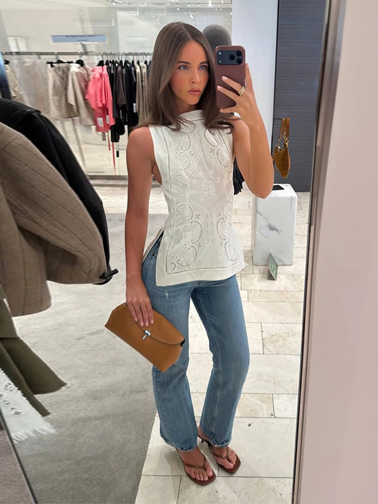 Fashion Openwork Embroidery Solid Women's Top Sleeveless Waist Cinching Tops Chic 2026 Summer New High Street Wear Lady Clothing