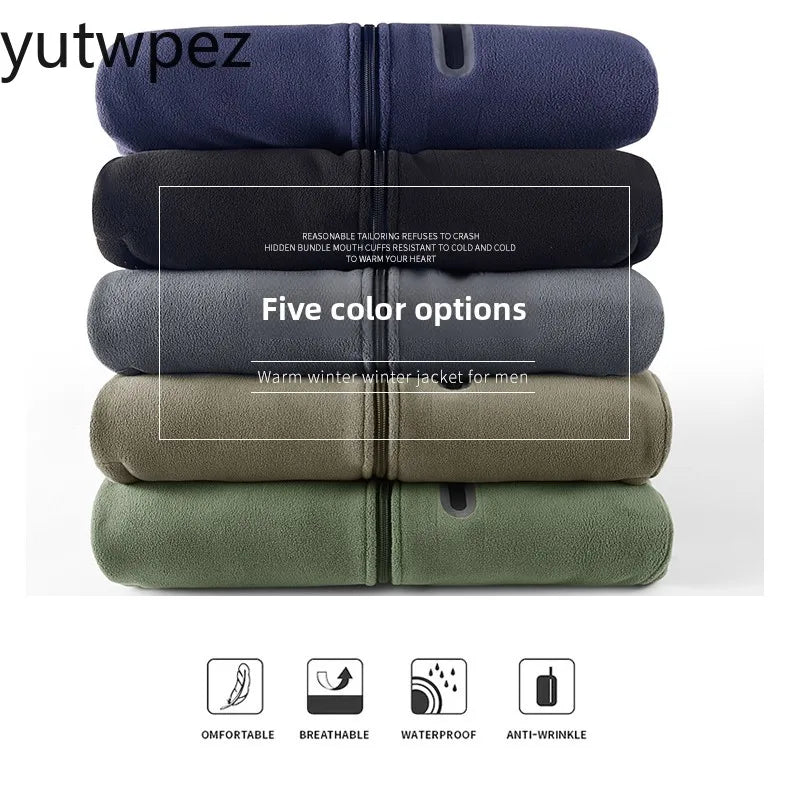 Winter Warm Fleece Jacket Men Climbing Double Thickened Pocket Jacket Outdoor High Collar Windproof Ski Sweatshirt Coat Man Snow