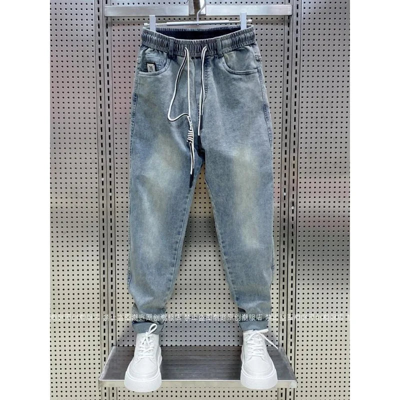 Spring Autumn New Kpop Loose Casual Men's Jeans Pants High-end Brand Loose Straight Pants Elastic Harlan Casual Trendy Dad Jeans