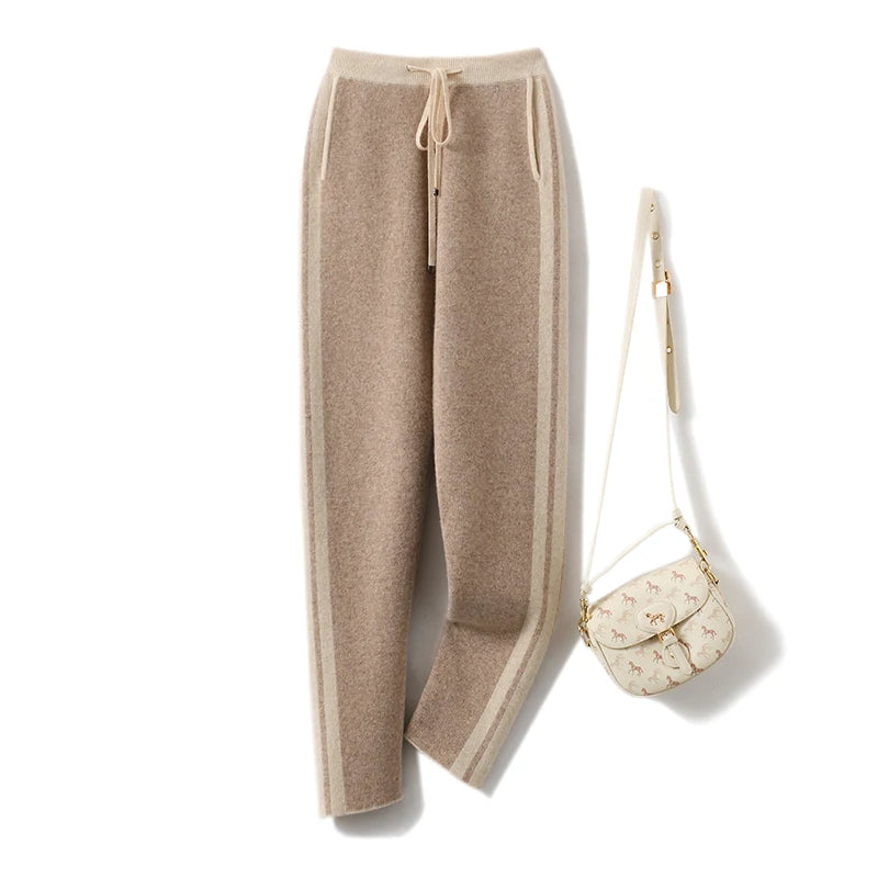 Autumn Winter Woman's Pants Fashion Pencil Pants 100% Merino Wool Knit Long Trouser Elastic Mid-Waist Patchwrok Full Length Pant