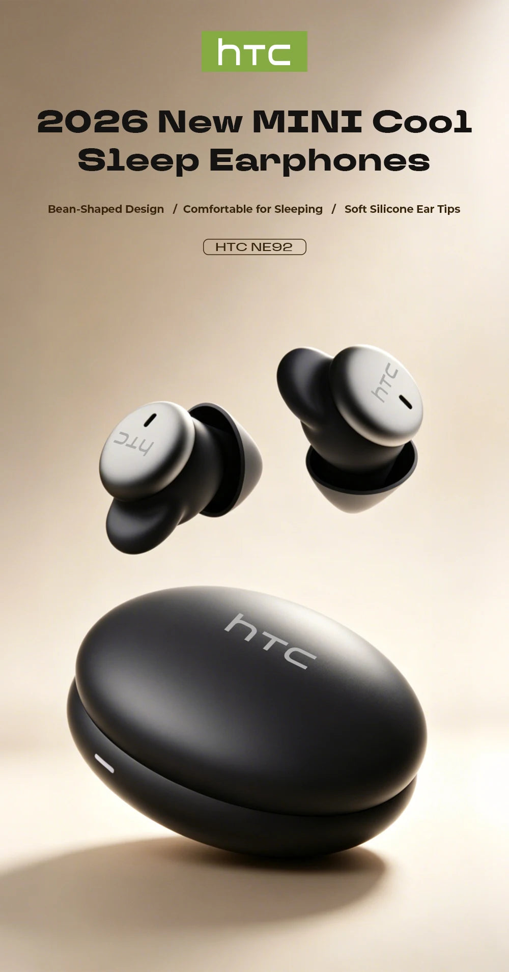 HTC NE92 Sleeping Mini Bluetooth Earphones TWS Wireless Headphones With Mic Noise Reduction Soft In-Ear Earbuds