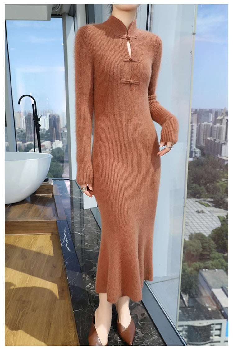 100% Mink Cashmere Knitted Dress Ladies Stand Collar Buckle Long Skirts Retro High Waist Over Knee Slim Dress New Thick Sweater