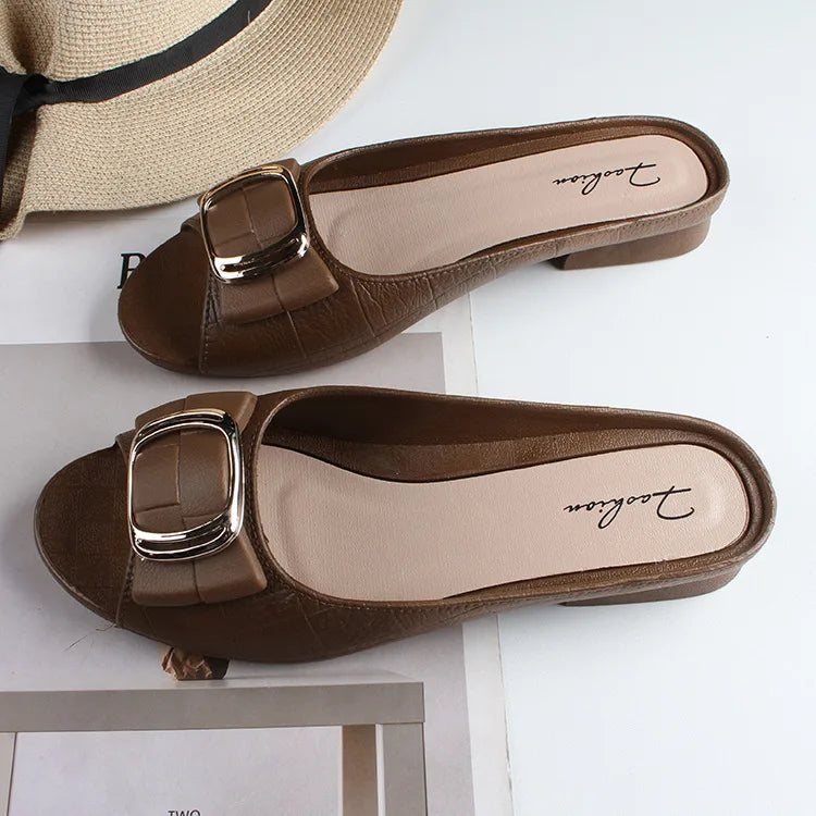 Summer Women Square Buckle Open-Toe Slippers Single Strap Flat Sandals Lady Solid Color Outdoor Beach Shoes Adult Casual Sandals