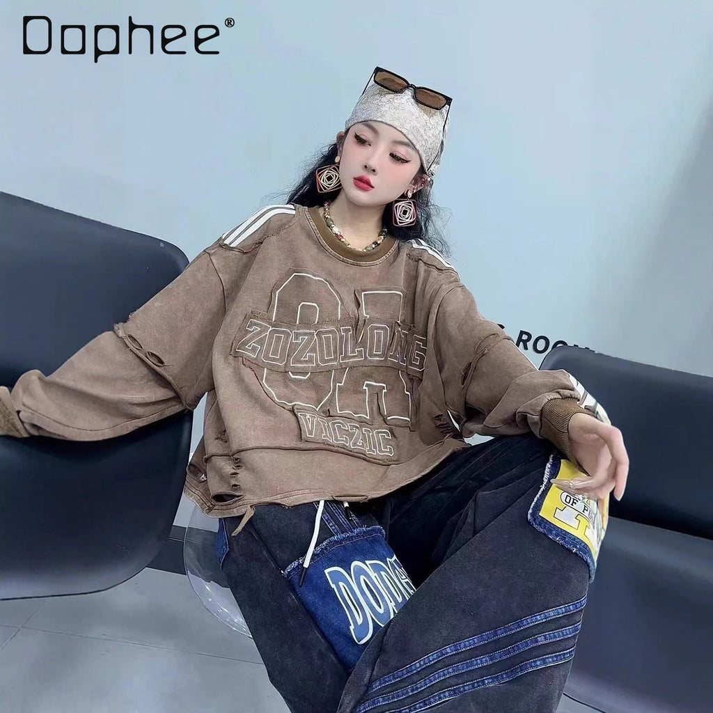 2025 Autumn New European Goods Sweatshirt Distressed Washed Letters Embroidery Patch Ripped Loose Casual Short Sweatshirt Women