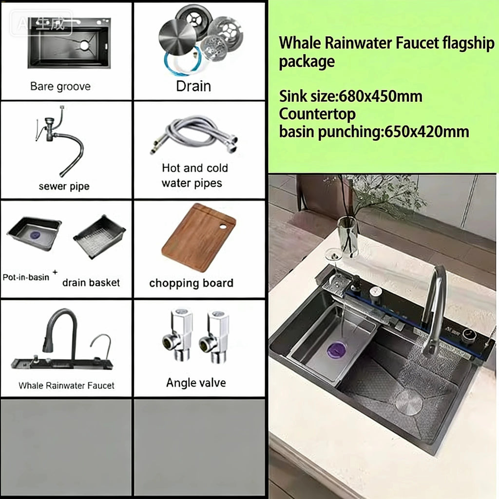 Hot Selling Stainless Steel Waterfall Kitchen Sink With Knife Holder Digital Display Faucet Set Embossed Extra Large Single Slot