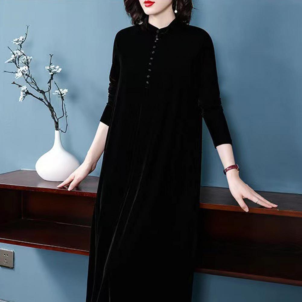 Women Fall Dress Solid Color Loose Long Sleeves Button Maxi Dress Keep Warm Velvet Mom Spring Dress Women Clothes