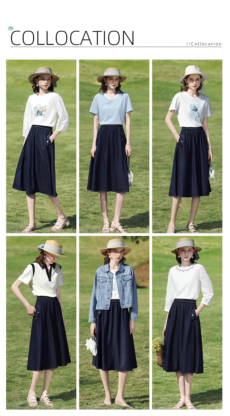 I BELIEVE YOU Dark Blue Denim Midi Skirt for Women 2026 Spring Elastic Waist Skirts Casual A-Line Skirt with Pockets 2261026207