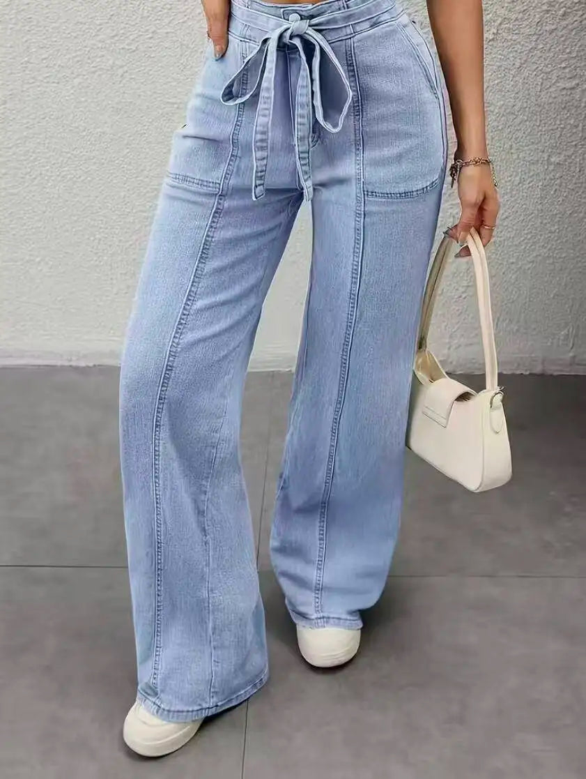 High Waist Belted Wide Leg Pants for Women with Large Patch Pockets And Splicing Stitching Design