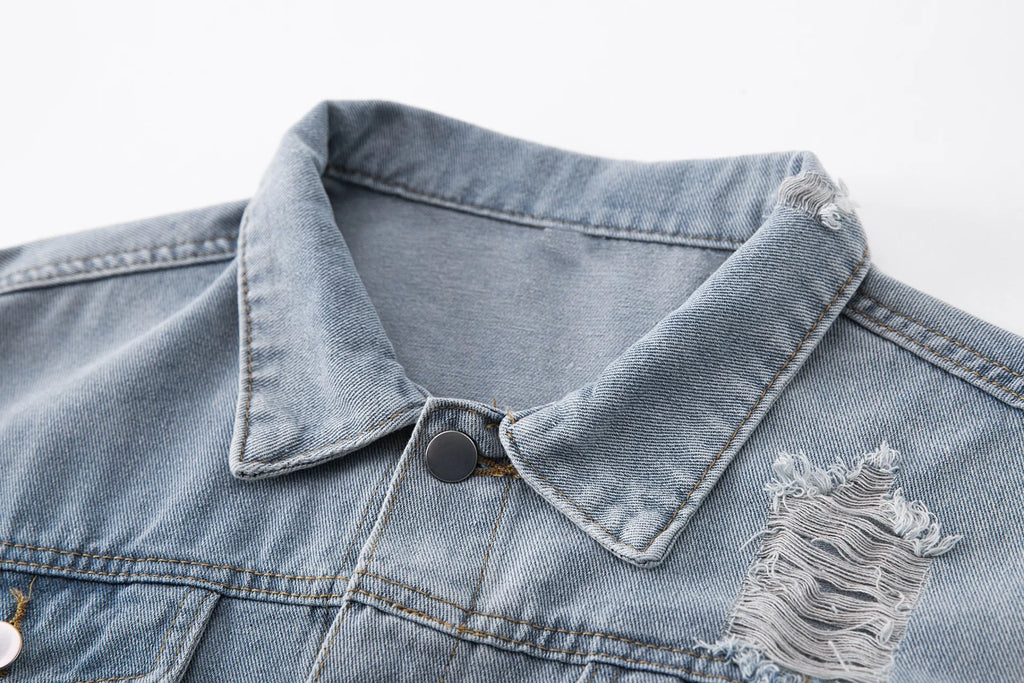 2026 Spring and Autumn American Retro Washed and Dyeed Hole Denim Jacket Men's Design Sense