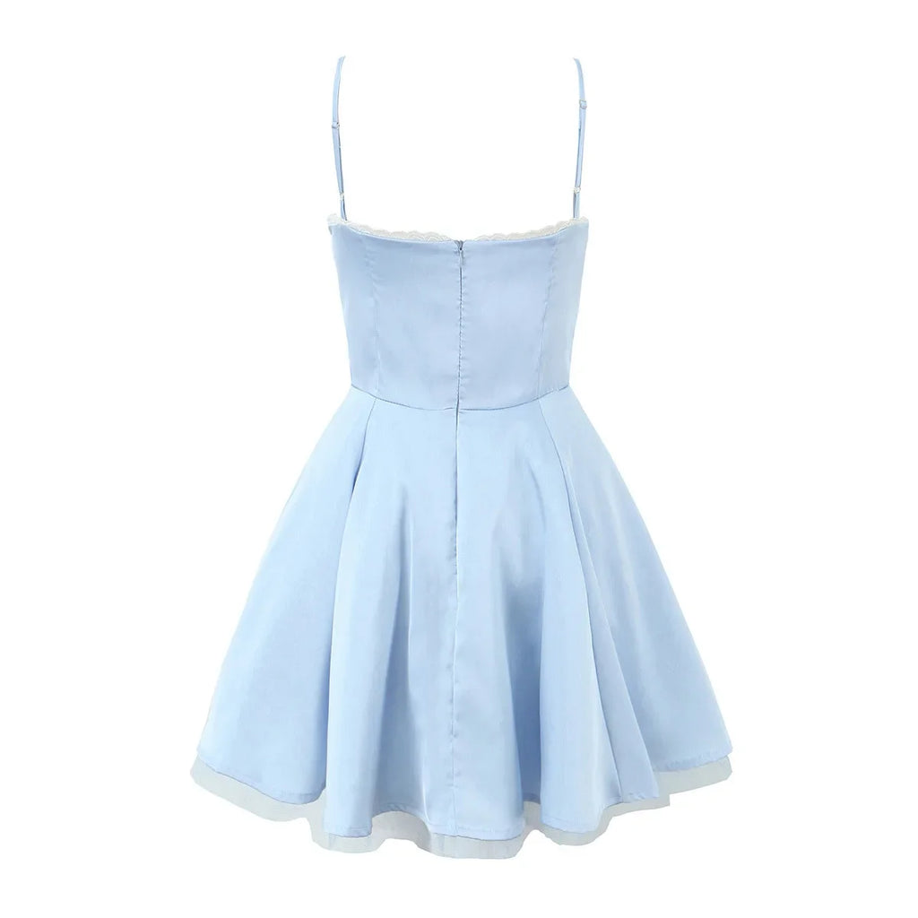 Women Retro Party Mini Dress 2024 New Fashion Satin Three-layer Three-dimensional Steel Ring Lace Stitching Short Dress Elegant