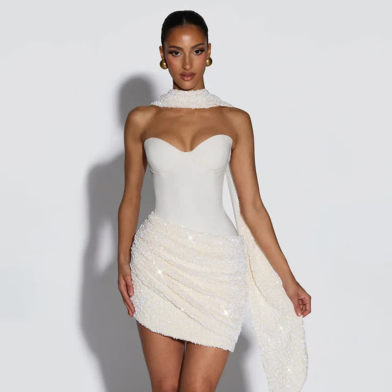 Pleated Slim Bodycon Dress Women Strapless Mini 2026 Spring Summer Dress Sequin Evening Nightclub Sexy Party Dresses