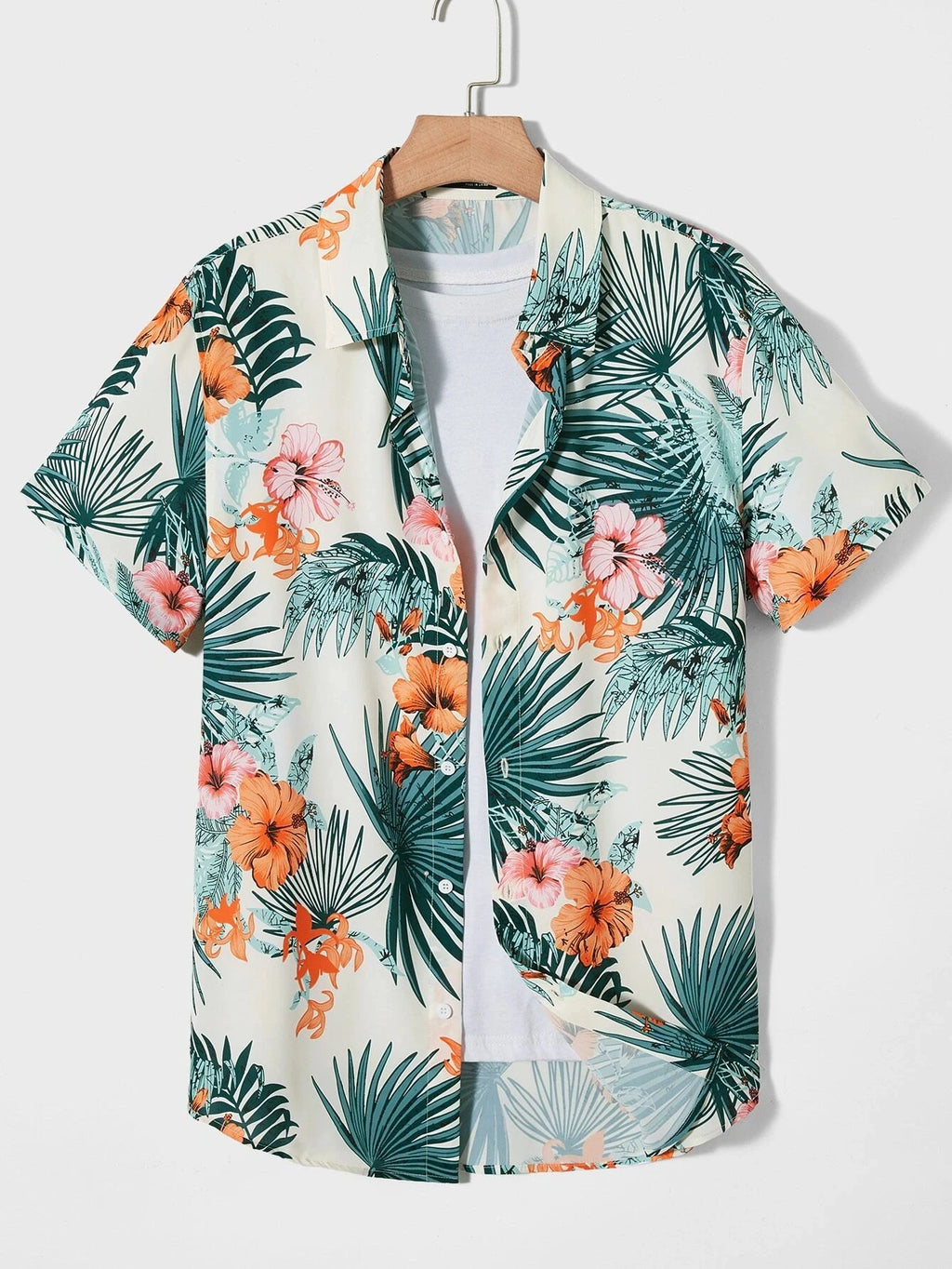 Men's Hawaiian Botanical Flower Print Men's and Women's Short-Sleeve Shirts Men's Lapel Seaside Button-Down Casual Men's Shirts