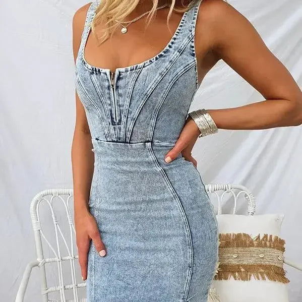 Sundress Women Denim Sheath Dresses Sexy Streetwear Sleeveless Distressed Backless Zipper Slip Dress 2025 Summer Vestidos