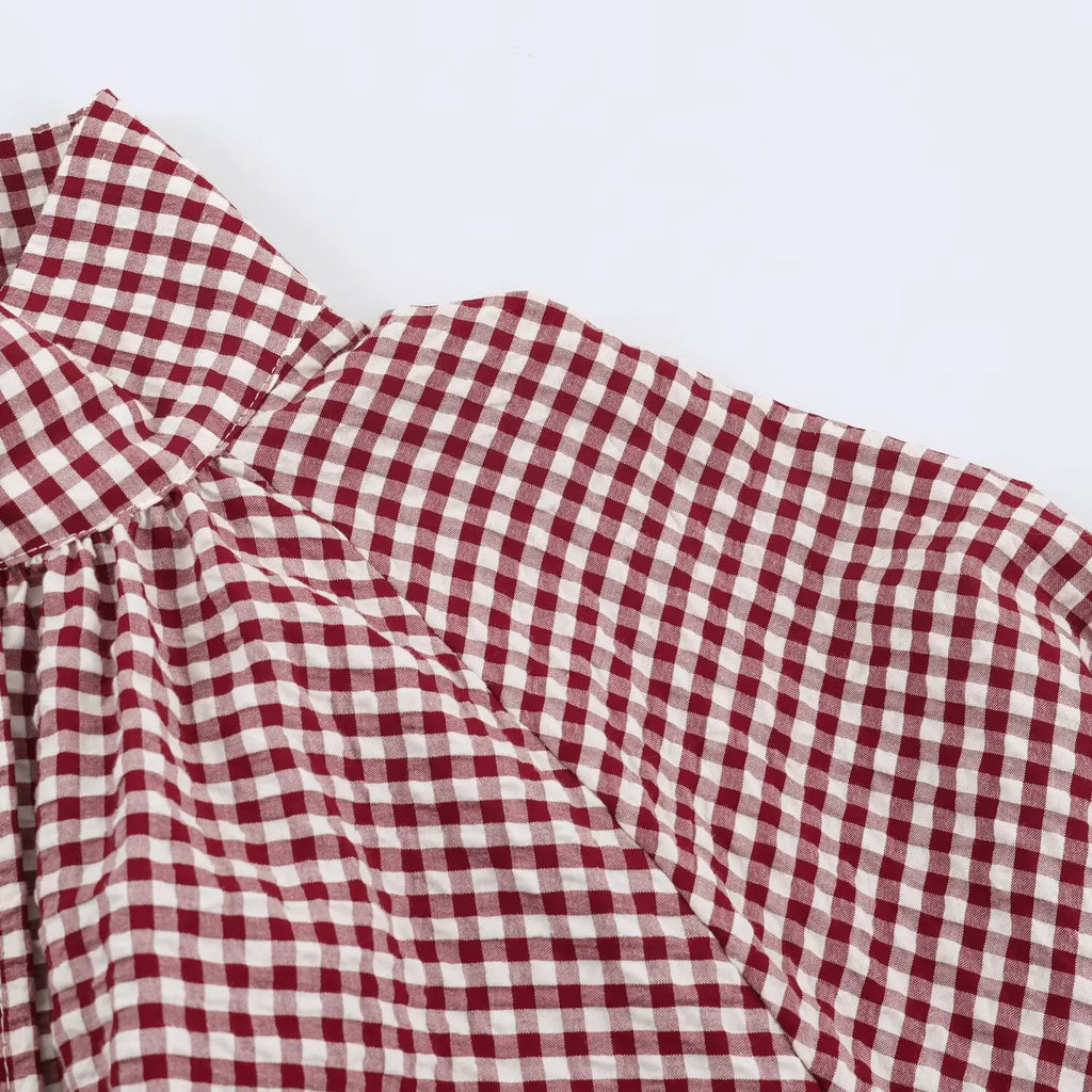 Women's Plaid Jacket, Vintage Gingham Check Coat, Stand Collar Long Sleeve Button Up Outerwear, Loose Casual Autumn Windbreaker