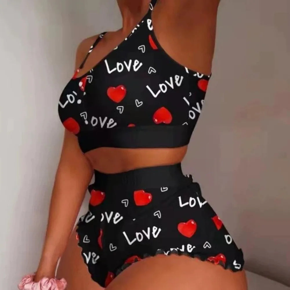 Creative Multiple Print Women Pajama Set Sleeveless Comfortable Sleepwear Set Breathable Suspender Style Pajama Shorts Set
