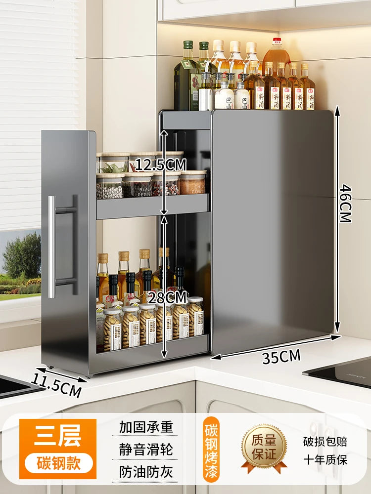 Narrow Kitchen Countertop Pull-Out Spice Rack Organizer Space Saving Shelf with 16 Magnetic Accessories Included