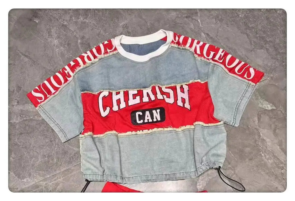 ANJY Autumn Women European Trendy Street Denim T-Shirt Personalized Letter Print Drawstring O-Neck Long Sleeve Sweatshirt A10809