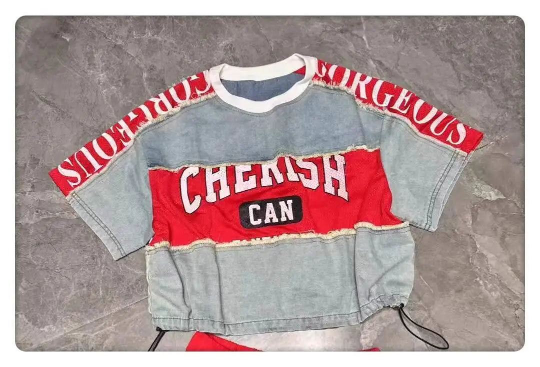 ANJY Autumn Women European Trendy Street Denim T-Shirt Personalized Letter Print Drawstring O-Neck Long Sleeve Sweatshirt A10809