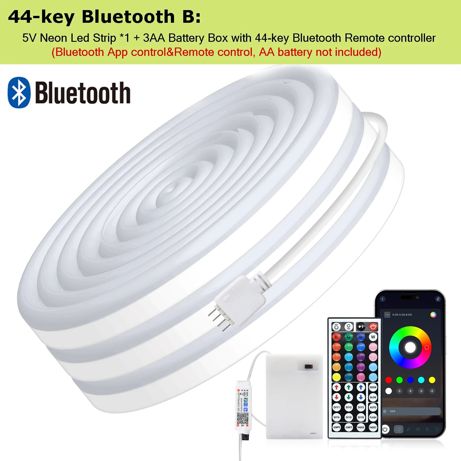 3AA Battery Powered 5V RGB Color-changing LED Neon Strip Light 1M 2M 3M Waterproof With Bluetooth Remote Control For Home Decor