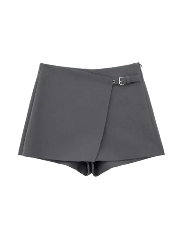 Lazvm-Asymmetric Shorts Skirts with Tab for Women, High Waist, Side Zipper, Female Skort, Fashion