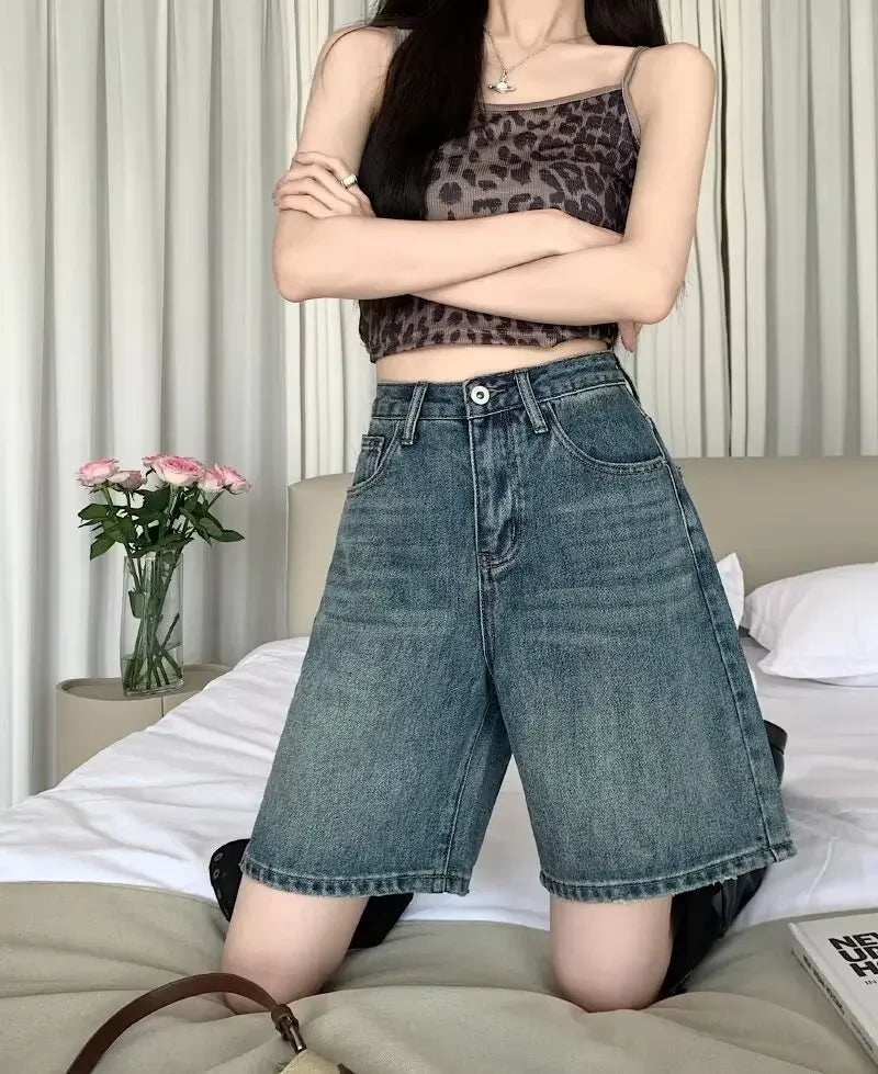 Summer High Waist Retro Jean Shorts for Women Loose Straight Denim Fashion Versatile Leisure Shorts Women's 2026