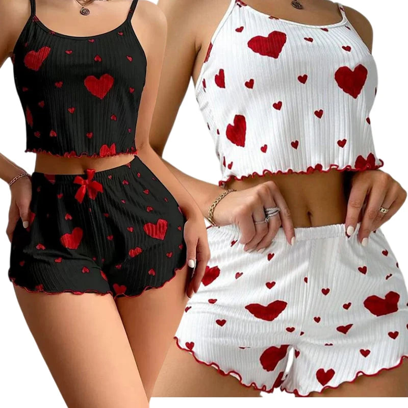 2 Pieces Set Women'S Pajama Shorts Suit Homewear Print Underwear Sexy Lingerie Camisoles Tanks Nighty Ladies Sleepwear Summer Pa