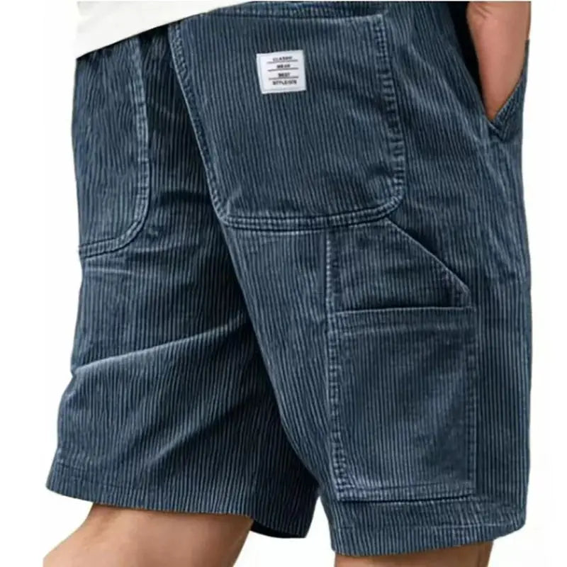 Men's Workwear Shorts Summer Casual Corduroy Loose Elastic Waist Multi-Pocket Leisure Pants Embroidery Retro Style Male Trousers