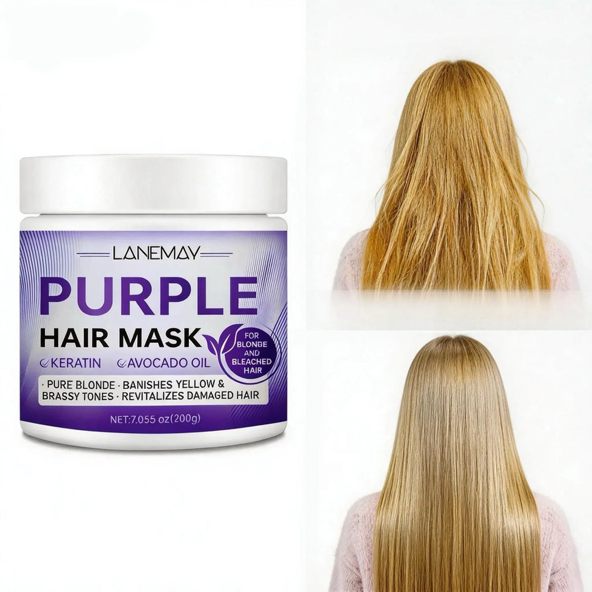 Purple Hair Mask for Blonde & Bleached Hair - Keratin Avocado Oil Toner, Neutralize Brass & Yellow, Repair Damaged Hair 200g