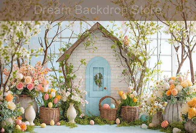 Spring Easter Background Photography Cute Rabbit Carrot Bunny Egg House Backdrop Decor for Kids Birthday Cake Smash Photo Studio