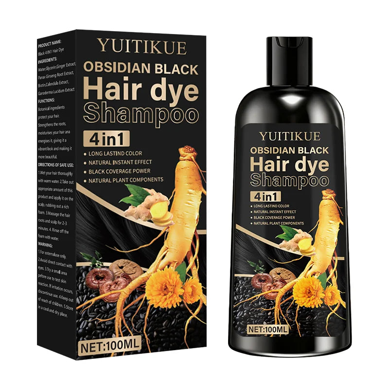 Obsidian Black Hair Dye Shampoo 100ml - 4-in-1 Plant Formula, Covers Gray Hair with Natural Color, Dense Bubbles, Lasting Color