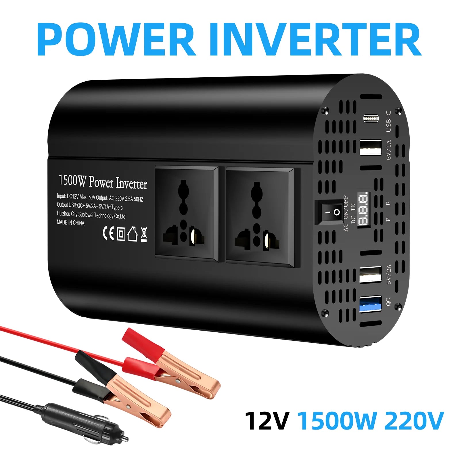 Inverter DC 12V to AC 220V 50HZ correction wave inverter solar car power 1500W voltage portable converter