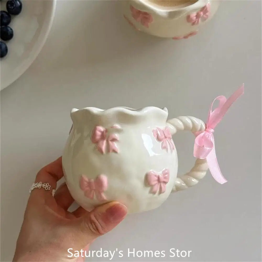 Cute Pink Relief Bow Ceramics Mug Cups Coffee Milk Drinks Ceramics Handle   Cup with Box Girls  Gift