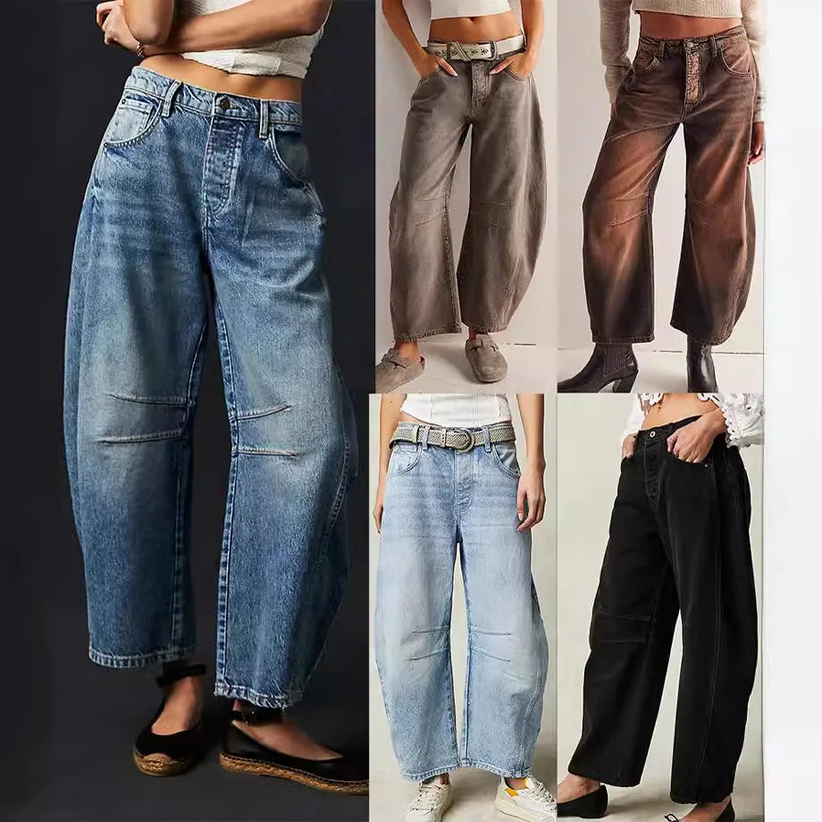 Cotton Denim Long Jeans for Women Trousers Casual High Waisted Jeans Cropped Pants Spring Summer Boho Beach Ladies Baggy Jeans