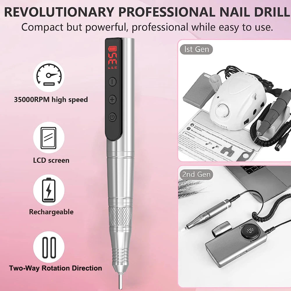 Cordless Nail Drill Machine Professional 35,000rpm Rechargeable Electric Nail File for Acrylic Gel Nails Manicure Pedicure Kits
