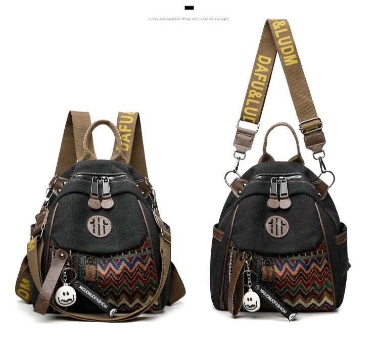 Denim ethnic style embroidered women's double shoulder bag, color-matched large capacity backpack, multi-purpose crossbody bag