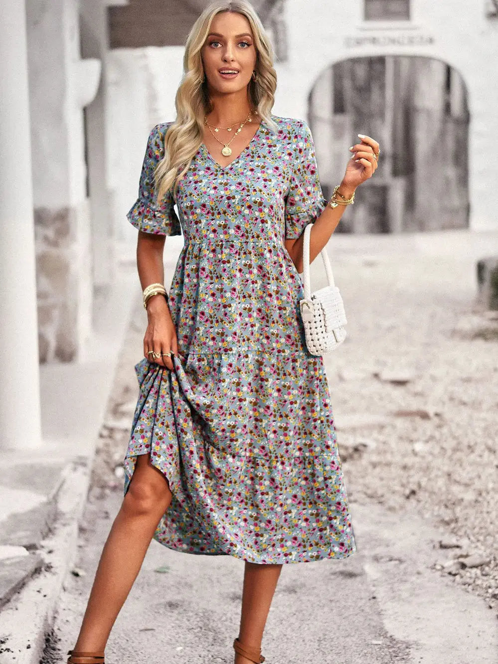 Msfilia Fashion V Neck Elegant Printed Dress Women Summer Short Sleeve High Waist A Line Floral Holiday Dresses