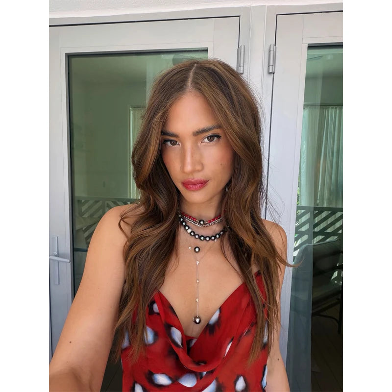 Women Two Tone Dot Print Long Sleeve Split Midi Dress Y2K Deep V Drawstring Slim Mermaid Skirt 2026 Street Club Party Outfit